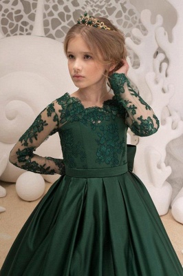Новейшие атласные темно-зеленые кружевные платья с открытой спиной и цветочницами с бантом | Длинные рукава длиной до пола, платья для девочек_3