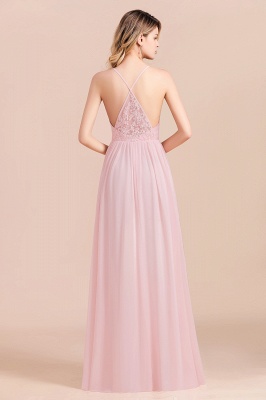 Romantic Spaghetti Straps Pink Chiffon Bridesmaid Dress Aline V-Neck Evening  Swing Dress_3