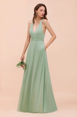 Mintgrünes ärmelloses Brautjungfernkleid mit V-Ausschnitt Aline Formales Kleid_7