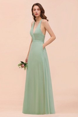 Mintgrünes ärmelloses Brautjungfernkleid mit V-Ausschnitt Aline Formales Kleid_4