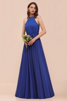 Royal Blue Neckholder langes Brautjungfernkleid Aline Chiffon Hochzeitsgastkleid_1