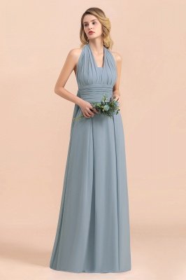 Grey Blue V-Neck Sleeveless Aline Wedding Guest Dress Simple Bridesmaid Dress Floor Length_6