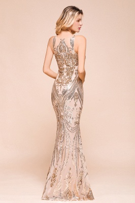 Sparkle Sequined High neck Sleevelss Rose Gold Mermaid Long Evening Dresses_8