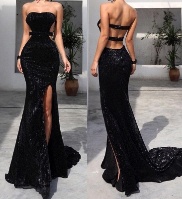 Sexy Black Tube Top Sequins Floor Length Prom Dresses With Split ...
