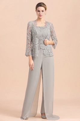 Silver Chiffon Motherr of the Bride Dress Lace Appliques JumpSuit with Long Sleeves_1
