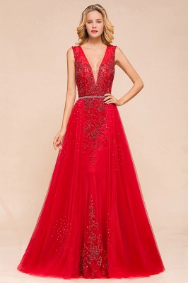 Sexy Open Back Plunging V-neck Sleeveless Ruby Red A-line Prom Dress with Beaded Belt_1