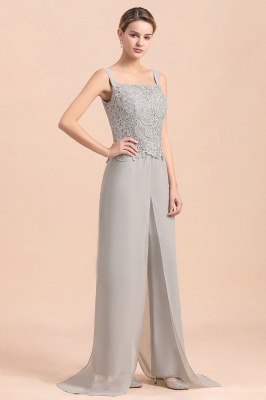 Silbernes Chiffon Kleid für die Brautmutter Spitzenapplikationen Jumpsuit mit langen Ärmeln_9