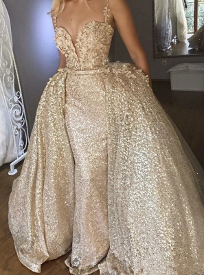 Shiny Sequins V Neck Spaghetti Straps Appliqued Prom Dresses With Detachable Skirt | Champagne Evening Gowns_1
