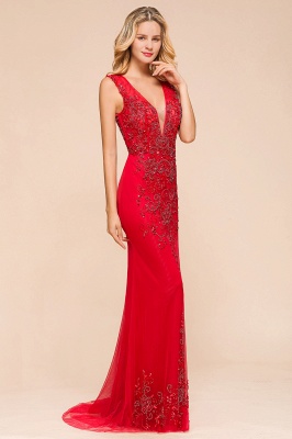 Sexy Open Back Plunging V-neck Sleeveless Ruby Red A-line Prom Dress with Beaded Belt_5