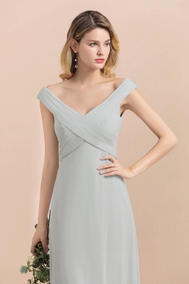 Серебряное простое свадебное платье с открытыми плечами и V-образным вырезом, Вечернее платье в пол_9