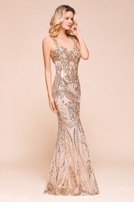 Sparkle Sequined High neck Sleevelss Rose Gold Mermaid Long Evening Dresses_5