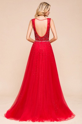 Sexy Open Back Plunging V-neck Sleeveless Ruby Red A-line Prom Dress with Beaded Belt_3