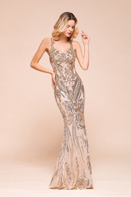 Sparkle Sequined High neck Sleevelss Rose Gold Mermaid Long Evening Dresses_6