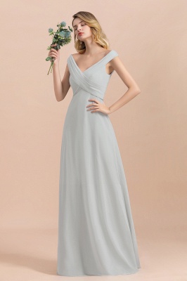 Серебряное простое свадебное платье с открытыми плечами и V-образным вырезом, Вечернее платье в пол_7
