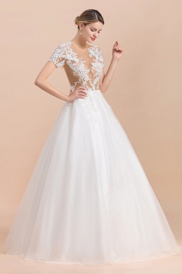 Elegant White Short Sleeves Ball Gown Buttons Lace Applique Wedding Dress_4