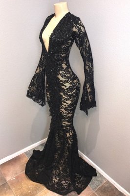 Sexy Black Lace  V Neck Long Sleeves Mermaid Prom Dresses | Sheer Floor Length Evening Gowns_2