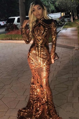 High Neck Golden Appliques Mermaid Long Sleeves Prom Dresses_2
