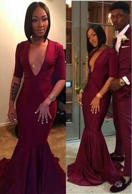 Sexy V-neck Burgundy Long Mermaid Prom Dresses with Sleeves_1