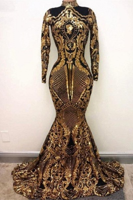 High Neck Golden Appliques Mermaid Long Sleeves Prom Dresses_1