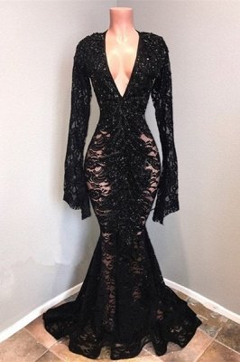 Sexy Black Lace  V Neck Long Sleeves Mermaid Prom Dresses | Sheer Floor Length Evening Gowns_1