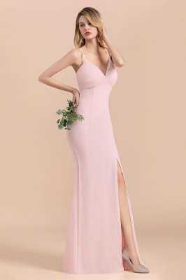Vestido de dama de honor de sirena sin mangas con cuello en V rosa Vestido de novia con abertura lateral_8