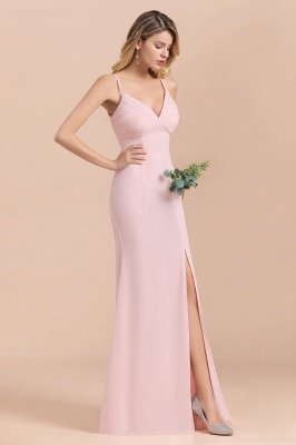 Vestido de dama de honor de sirena sin mangas con cuello en V rosa Vestido de novia con abertura lateral_6