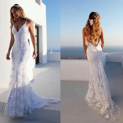 Cloth-fitting Floor Length Lace V Neck Spaghetti Open Back Prom Dresses | Party Gowns With Lace Up_5