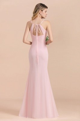 Vestido de dama de honor de sirena sin mangas con cuello en V rosa Vestido de novia con abertura lateral_3