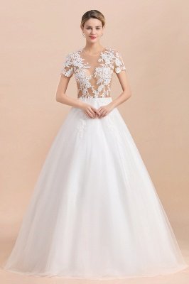 Элегантные белые короткие рукава бальное платье кнопки кружева аппликация свадебное платье_1