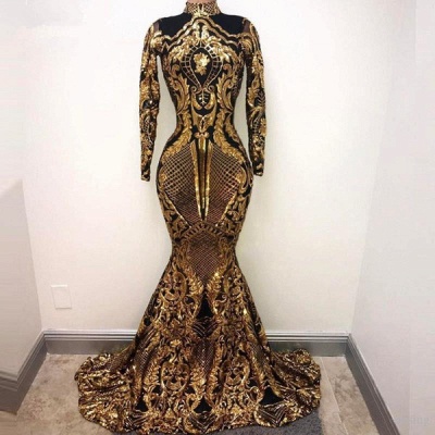 High Neck Golden Appliques Mermaid Long Sleeves Prom Dresses_3