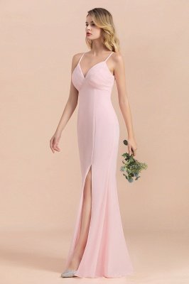 Vestido de dama de honor de sirena sin mangas con cuello en V rosa Vestido de novia con abertura lateral_7