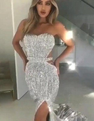 Sexy Black Tube Top Sequins Floor Length Prom Dresses With Split | White Open Back Party Gowns_3