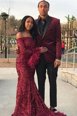 Sexy Off-the-shoulder Burgundy Shining Sequined Long Prom Dress with Fur_3