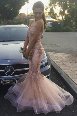 Strapless Mermaid Lace Appliques Ruffled Tulle Pink Prom Dresses_1