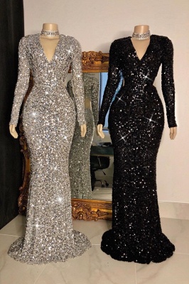 Glittering Crystal Sequins Long Sleeves V-neck Mermaid Prom Dresses_1