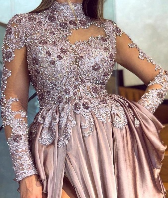 Graceful High Neck Lace Appliqued Prom Dresses With Split | See Through Evening Gowns_2