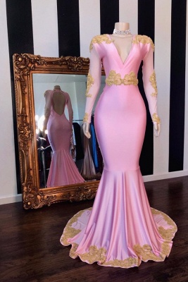 V-Ausschnitt mit langen Ärmeln und offenem Rücken Pink Mermaid Appliques Prom Gowns_1