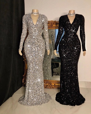 Glittering Crystal Sequins Long Sleeves V-neck Mermaid Prom Dresses_2