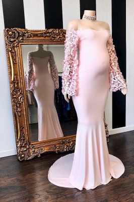 Pink Floral Long Sleeves Mermaid Floor Length Pregnant Formal Dresses_1