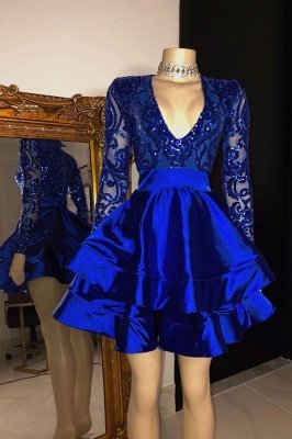 Sequins Appliques Long Sleeves V-neck Layers Short Homecoming Dresses_1