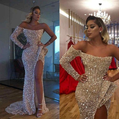 Sexy Crystal Beading One-shoulder Strapless Slit Mermaid Sequins Prom Gowns_3