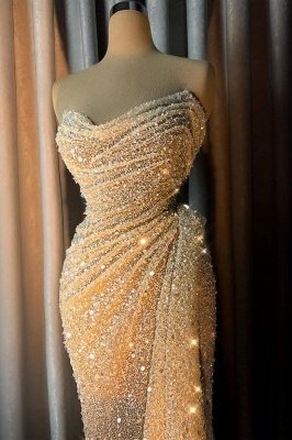 Sparkly Strapless V-neck Crystal Sequins Draped Mermaid Prom Dresses_1