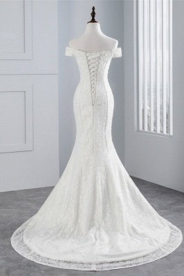 Elegante vestido de novia de columna de sirena blanca con hombros descubiertos_2