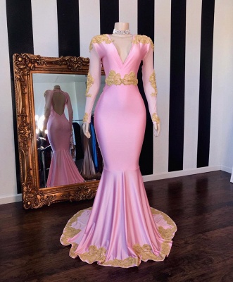 V-Ausschnitt mit langen Ärmeln und offenem Rücken Pink Mermaid Appliques Prom Gowns_2