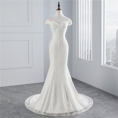 Elegante vestido de novia de columna de sirena blanca con hombros descubiertos_8