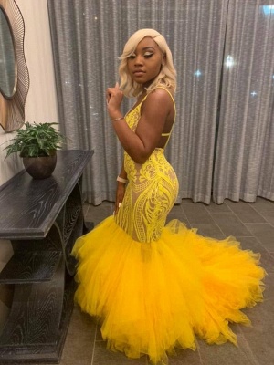Yellow Mermaid Lace Puffy Tulle Open back Long Prom Dress_3