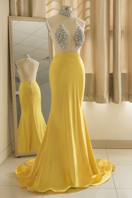 Cristais sem mangas amarelos sexy Sheer Tulle Prom Dresses 2021 | Vestidos de noite formais baratos da sereia_7