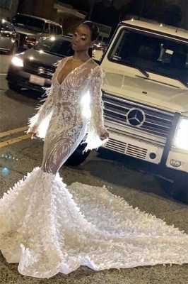 Sexy See-through V-neck Long sleeves Mermaid Prom Dress with Luxury Train_1