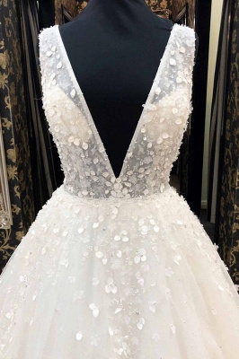 Deep V-Neck White Wedding Dress Sleeveless Tulle  Aline Bridal Dress_2