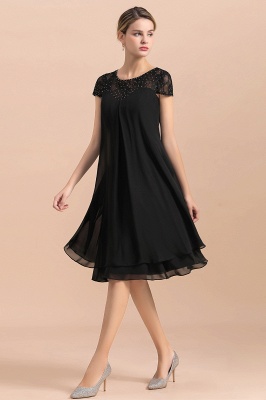 Black Short Sleeves Lace Wedding Party Dress Chiffon Knee Length Dress_6